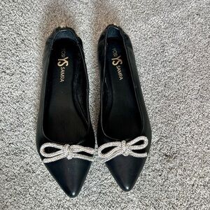 Yosi Samra YS Vivienne Size 8 Black Pointed Toe Ballet Flats Rhinestone Bow